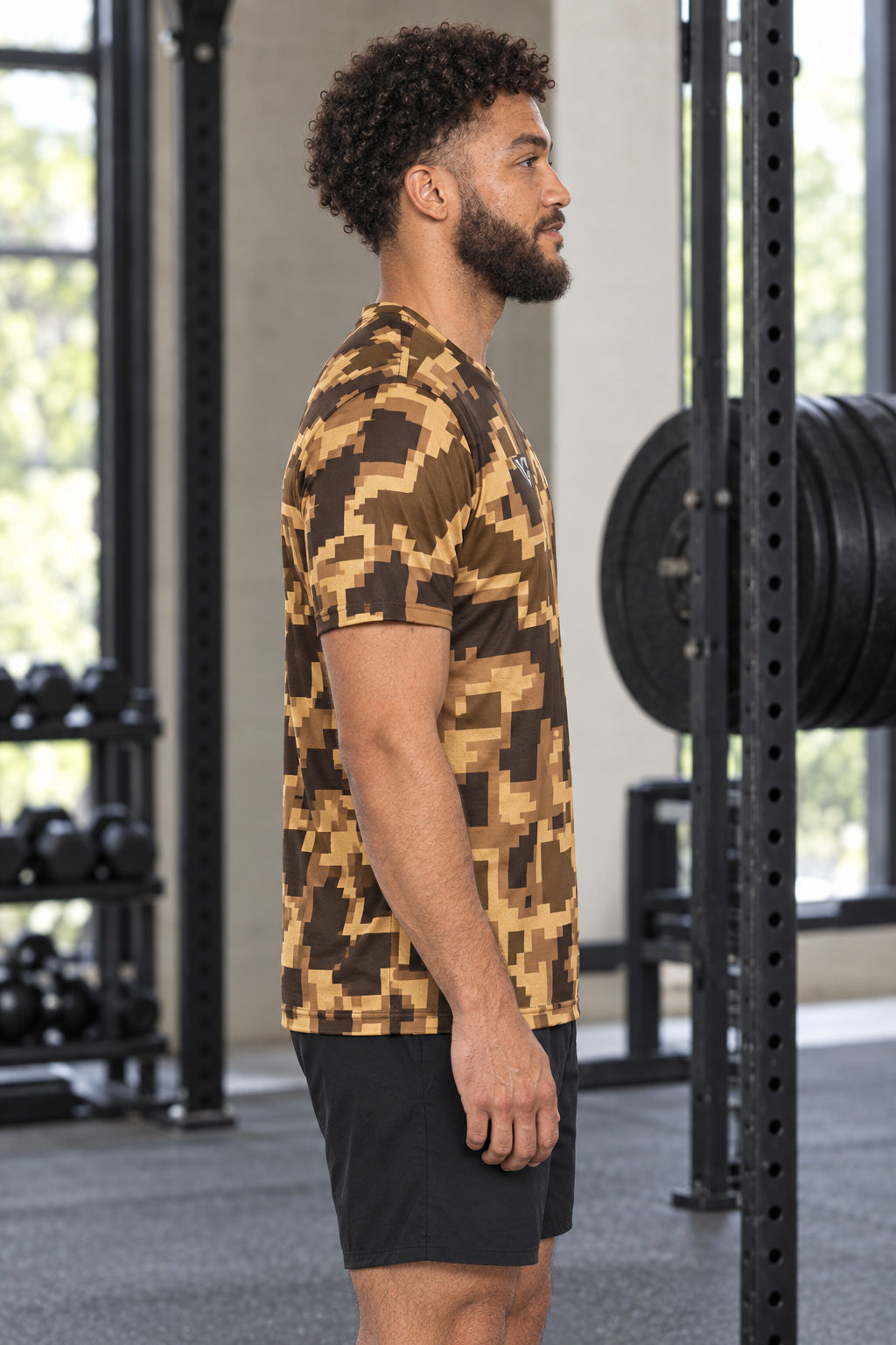 Desert Digital Camo Multipurpose Athletic Shirt, AI-generated side-profile product mockup on a fictional adult model