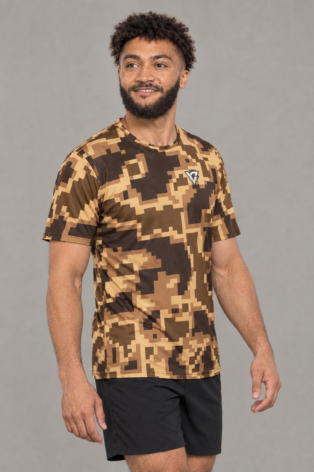 Desert Digital Camo Multipurpose Athletic Shirt, AI-generated realistic three-quarter mockup on a fictional adult model