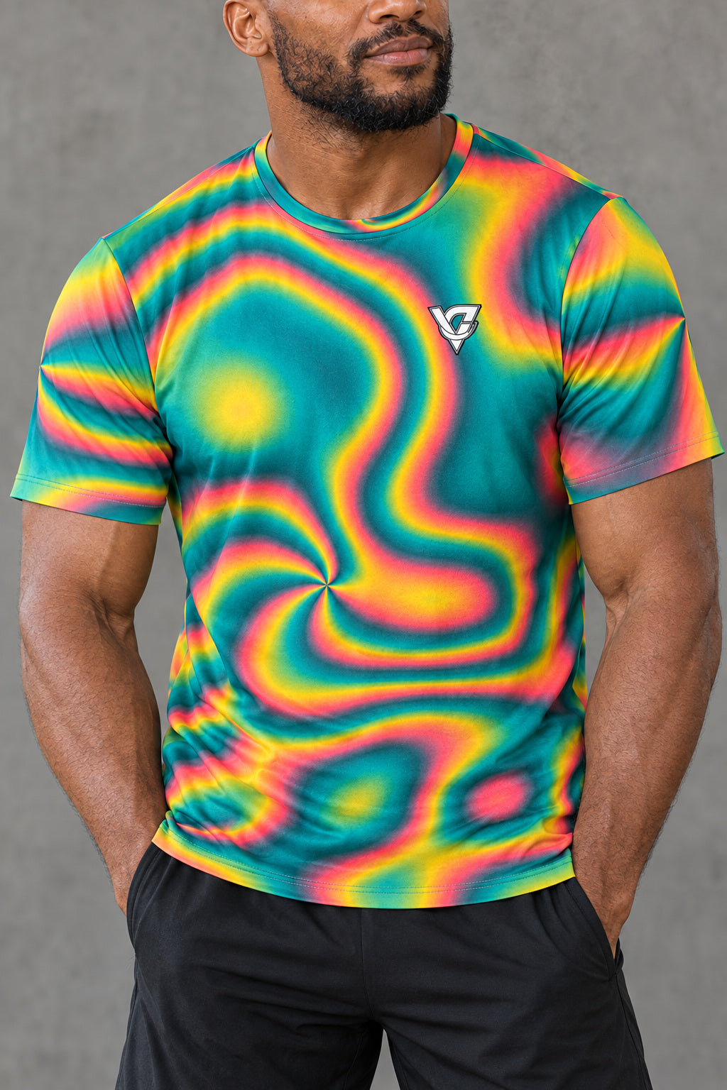 Tropic Tie-Dye Multipurpose Athletic Shirt, AI-generated realistic detail mockup on a fictional adult model