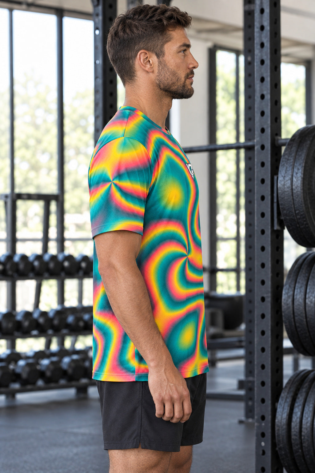 Tropic Tie-Dye Multipurpose Athletic Shirt, AI-generated side-profile product mockup on a fictional adult model