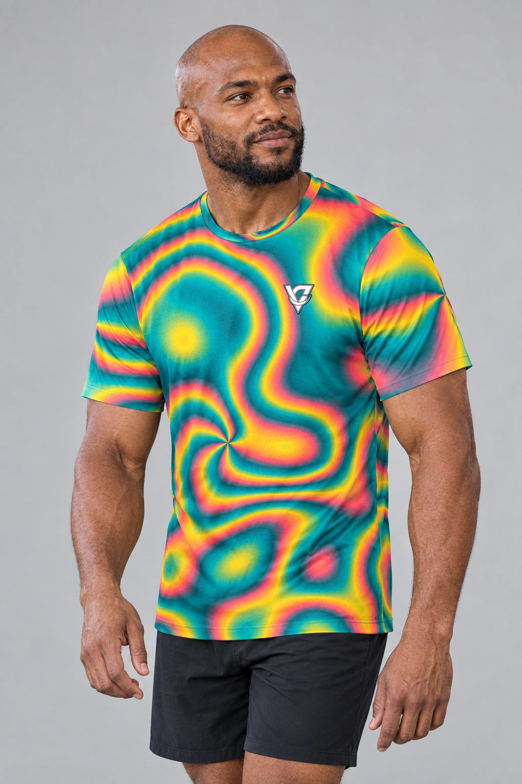 Tropic Tie-Dye Multipurpose Athletic Shirt, AI-generated realistic three-quarter mockup on a fictional adult model