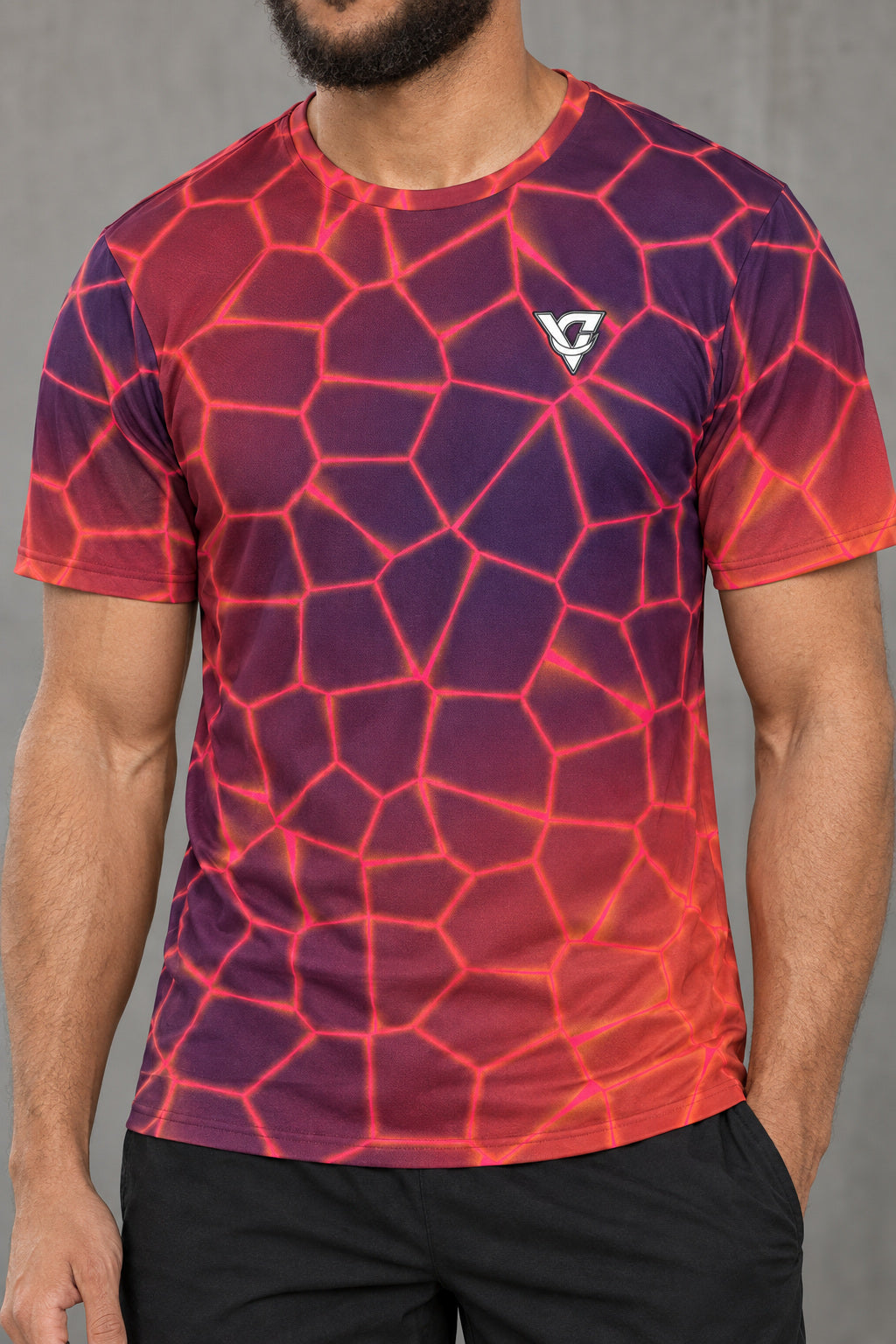 Sunset Rift Multipurpose Athletic Shirt, AI-generated realistic detail mockup on a fictional adult model