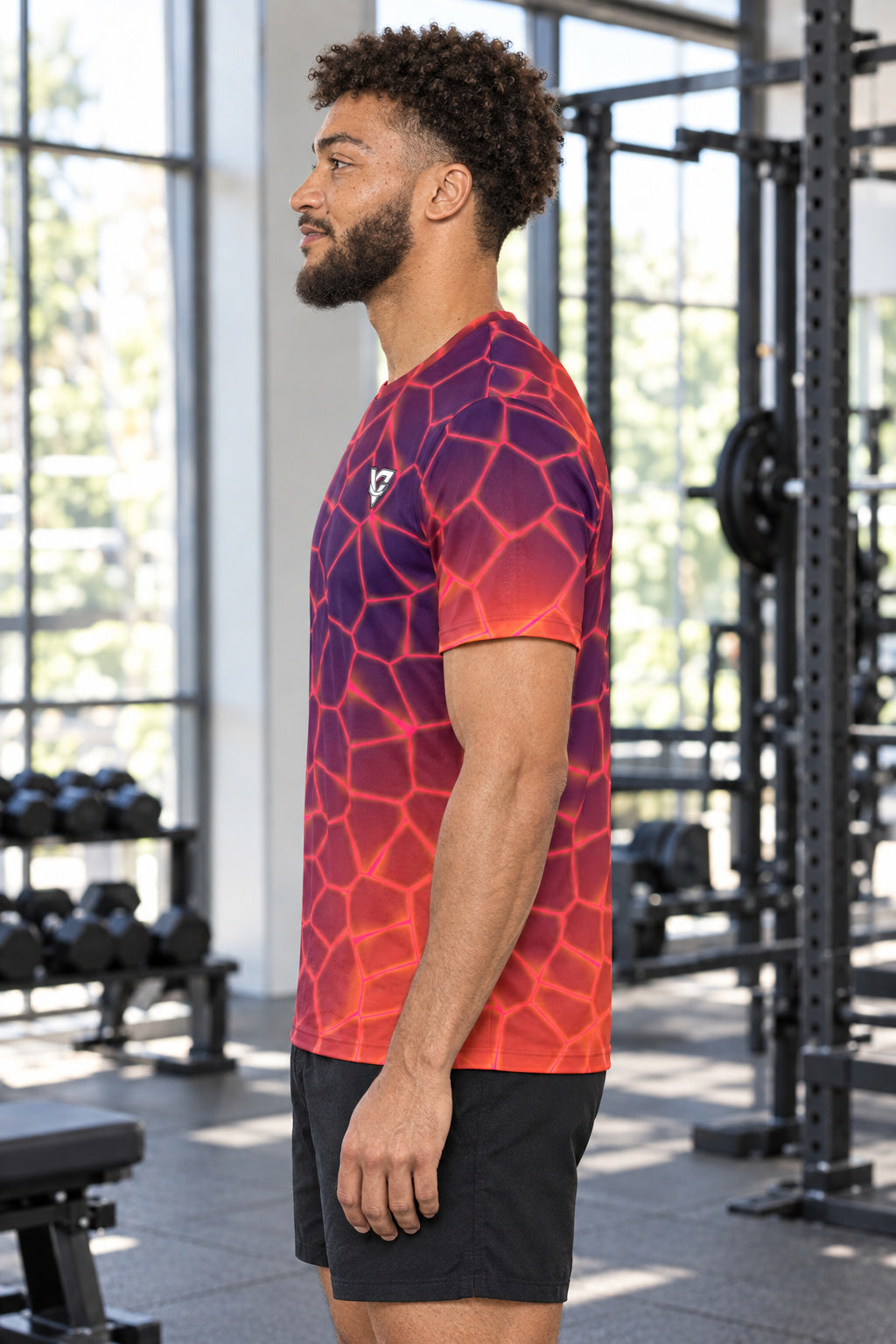 Sunset Rift Multipurpose Athletic Shirt, AI-generated side-profile product mockup on a fictional adult model