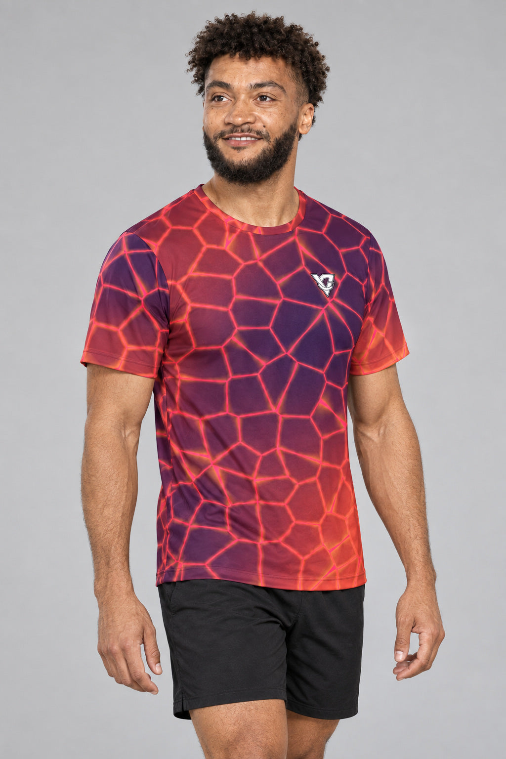 Sunset Rift Multipurpose Athletic Shirt, AI-generated realistic three-quarter mockup on a fictional adult model