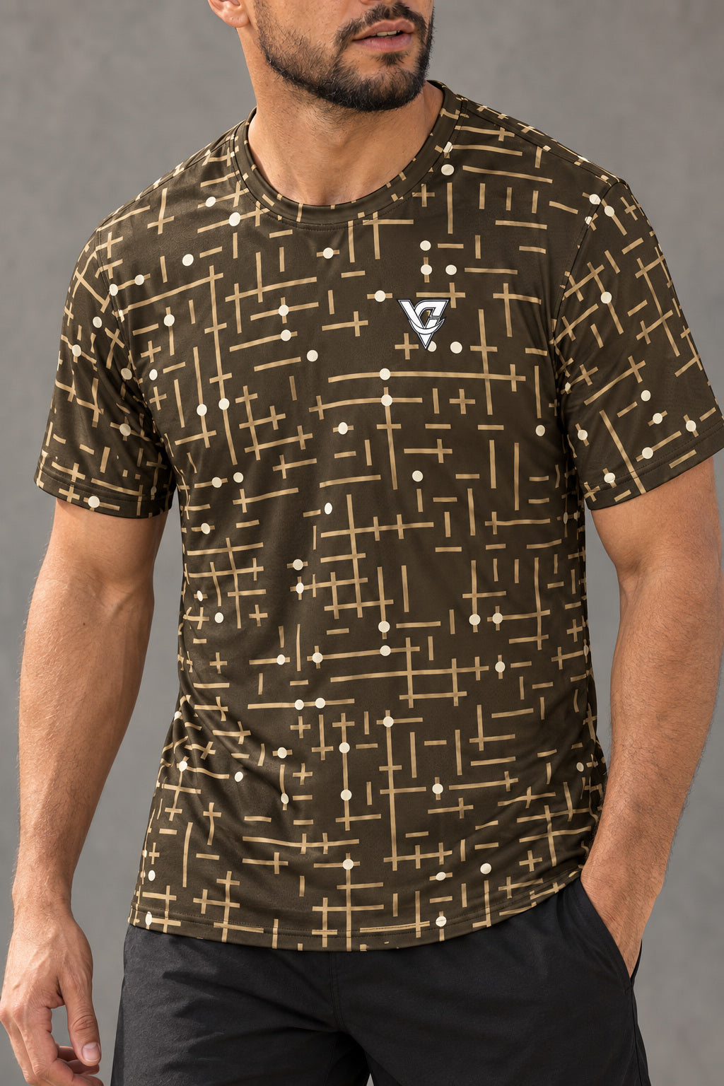 Sandstorm Circuit Multipurpose Athletic Shirt, AI-generated realistic detail mockup on a fictional adult model