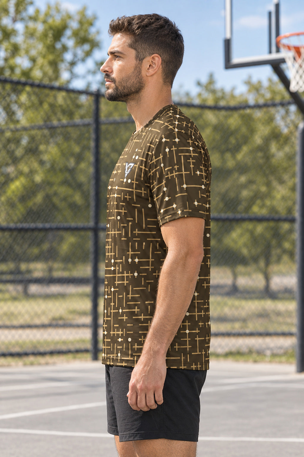 Sandstorm Circuit Multipurpose Athletic Shirt, AI-generated side-profile product mockup on a fictional adult model