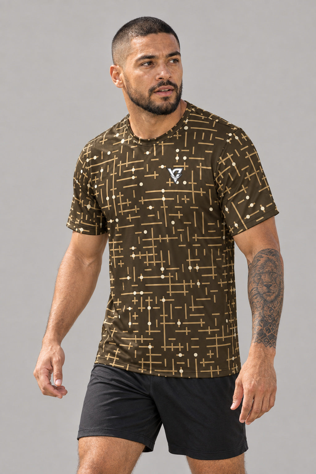 Sandstorm Circuit Multipurpose Athletic Shirt, AI-generated realistic three-quarter mockup on a fictional adult model
