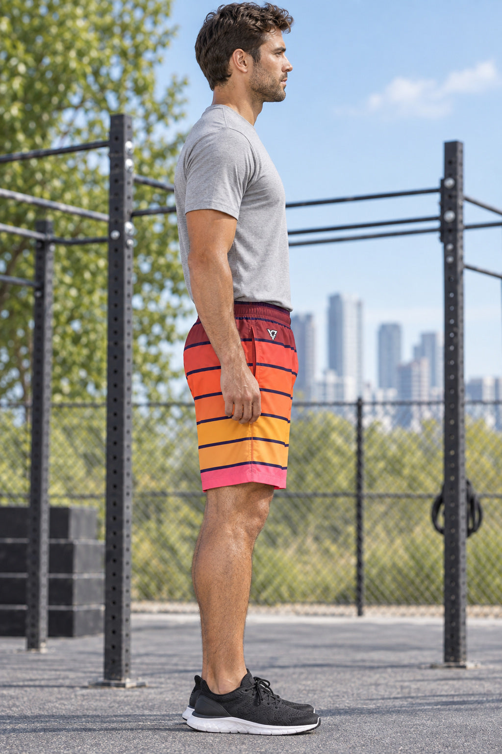 Men's Sunset Horizon Performance Jogger Athletic Shorts with Pockets, AI-generated side-profile product mockup on a fictional adult model