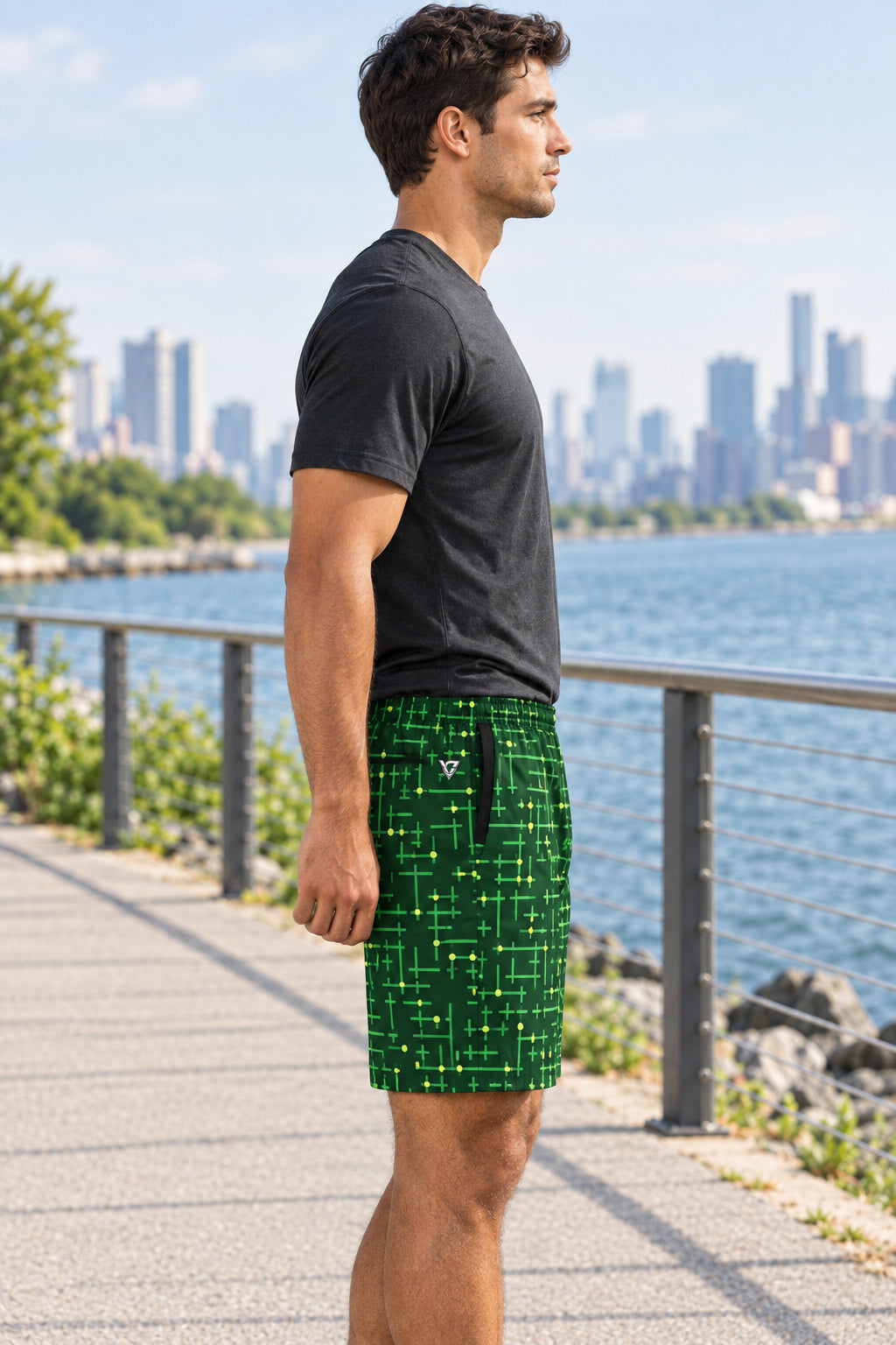 Men's Jungle Circuit Performance Jogger Athletic Shorts with Pockets, AI-generated side-profile product mockup on a fictional adult model
