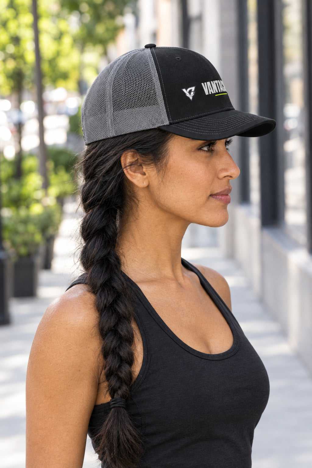 Vantacore Logo Trucker Cap — Snapback Hat, AI-generated side-profile product mockup on a fictional adult model
