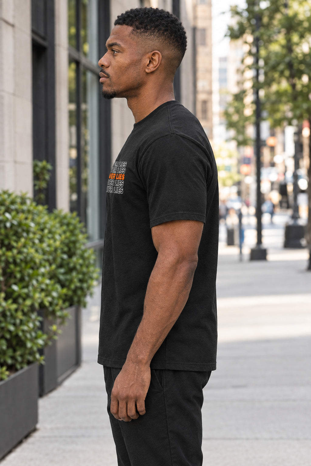 Iron Never Lies | Men's Graphic Gym T-Shirt, AI-generated side-profile product mockup on a fictional adult model