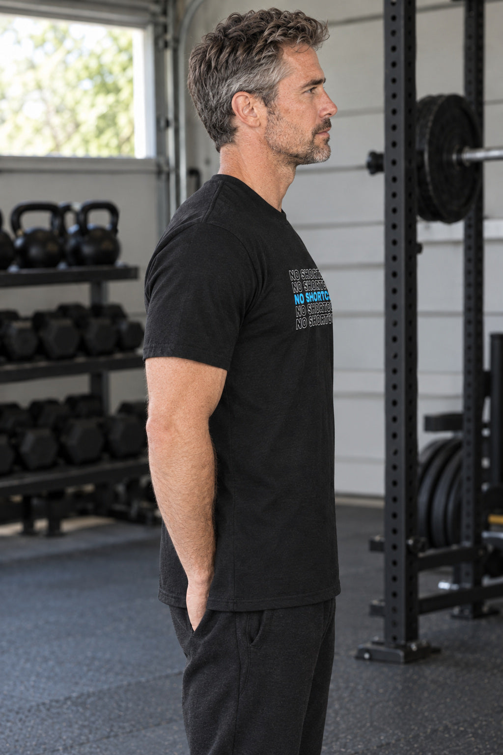 No Shortcuts | Men's Graphic Gym T-Shirt, AI-generated side-profile product mockup on a fictional adult model