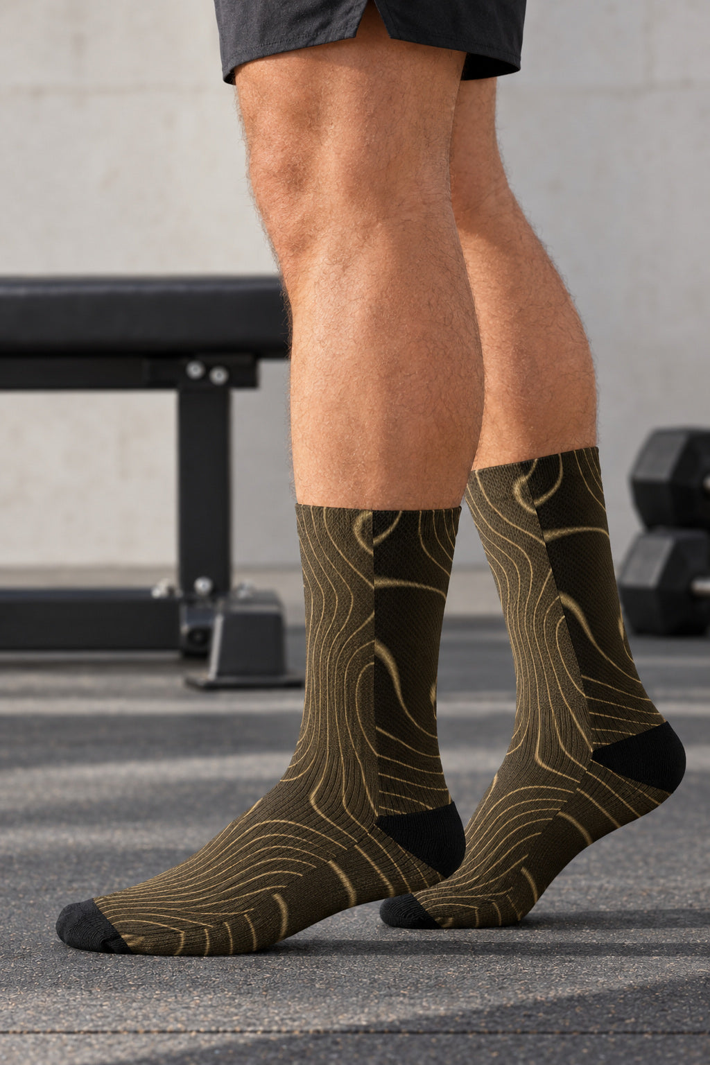 Sandstorm Topo Athletic Crew Socks, AI-generated side-profile product mockup on a fictional adult model