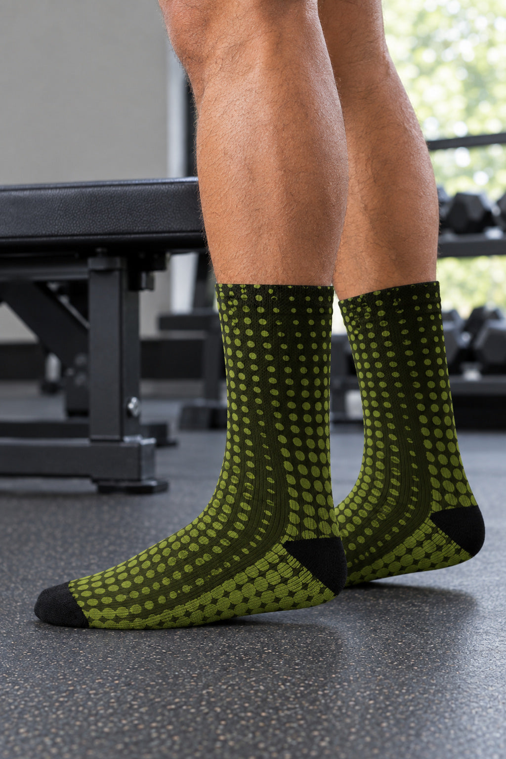 Olive Halftone Athletic Crew Socks, AI-generated side-profile product mockup on a fictional adult model