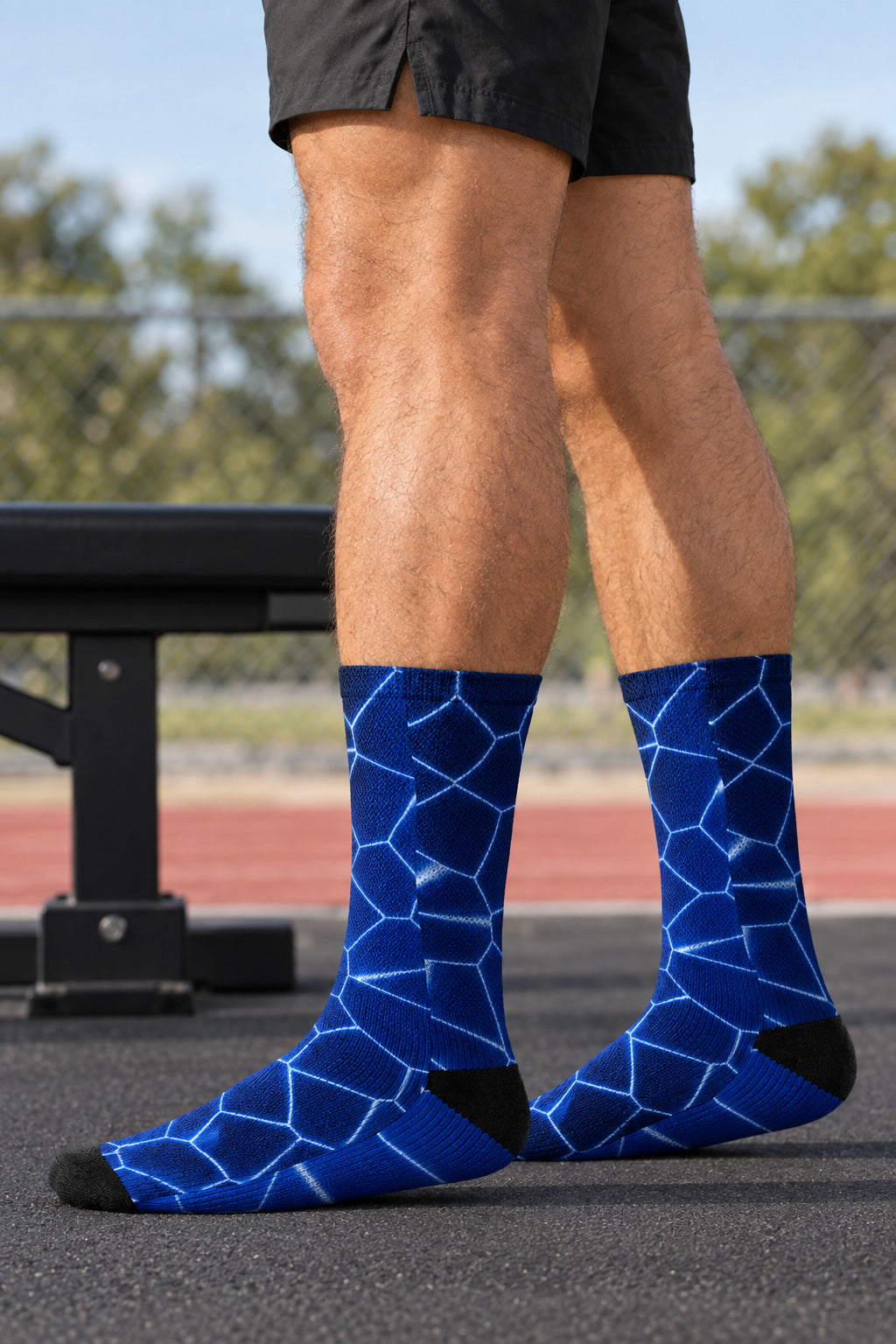 Cobalt Rift Athletic Crew Socks, AI-generated side-profile product mockup on a fictional adult model