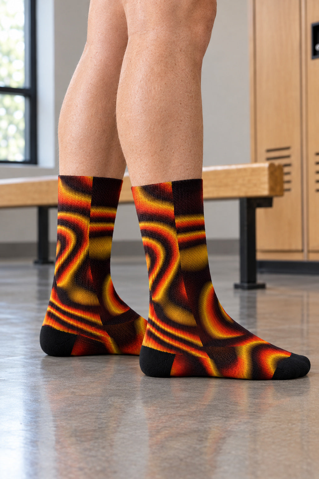 Lava Tie-Dye Athletic Crew Socks, AI-generated side-profile product mockup on a fictional adult model