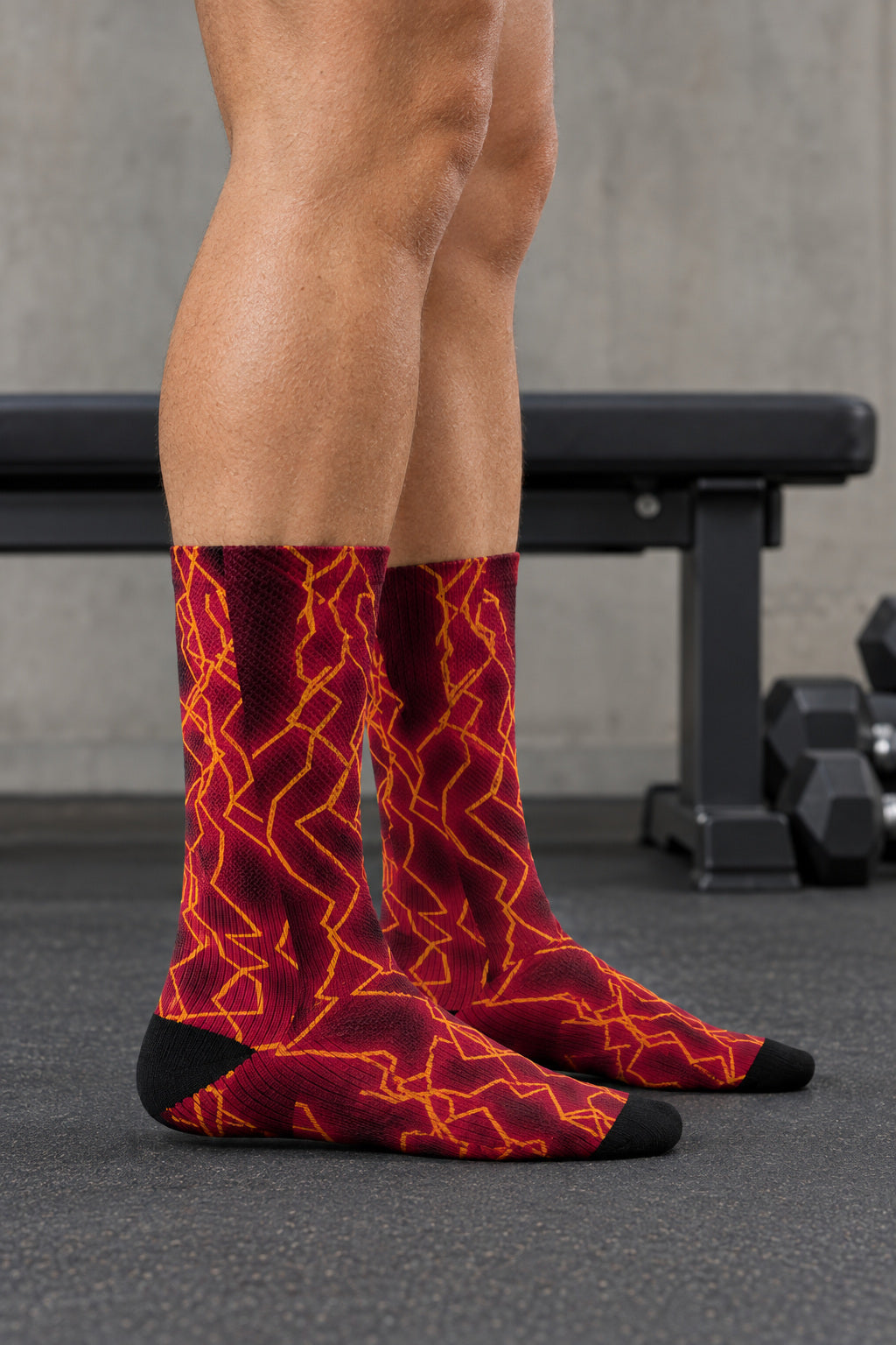 Infrared Lightning Athletic Crew Socks, AI-generated side-profile product mockup on a fictional adult model