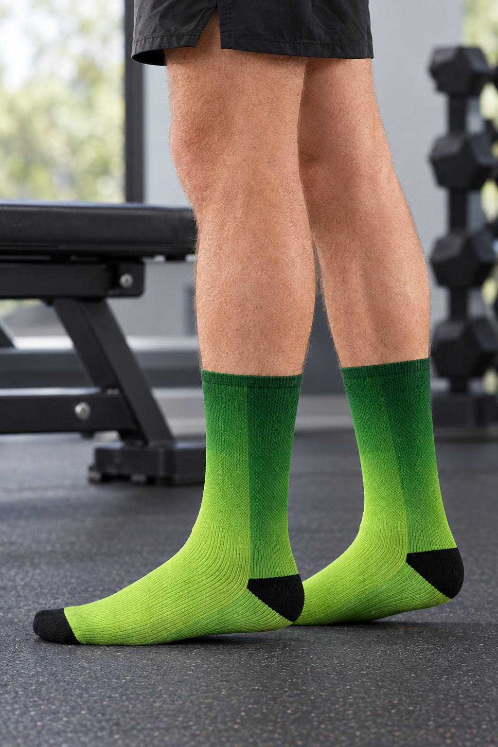 Jungle Ombre Athletic Crew Socks, AI-generated side-profile product mockup on a fictional adult model