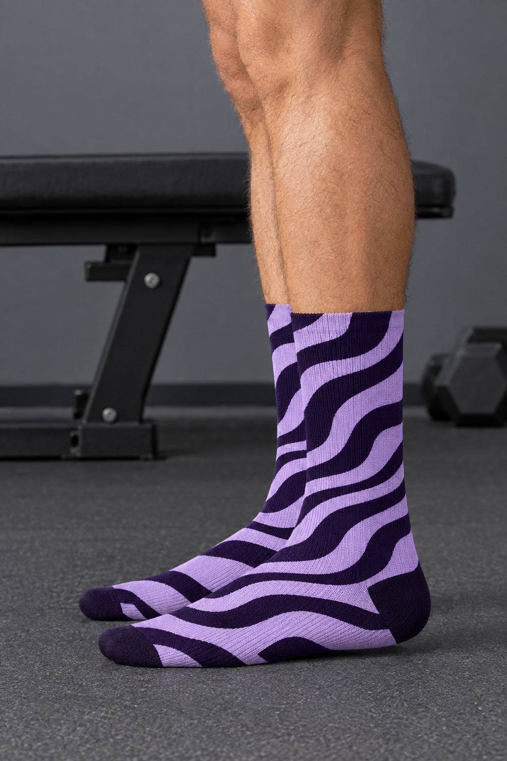 Grape Zebra Athletic Crew Socks, AI-generated side-profile product mockup on a fictional adult model