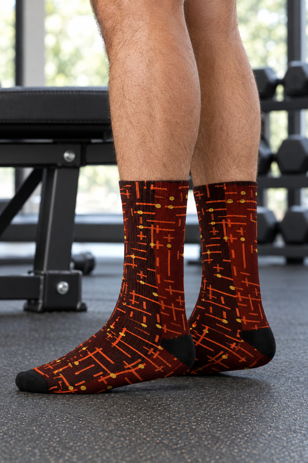 Ember Circuit Athletic Crew Socks, AI-generated side-profile product mockup on a fictional adult model