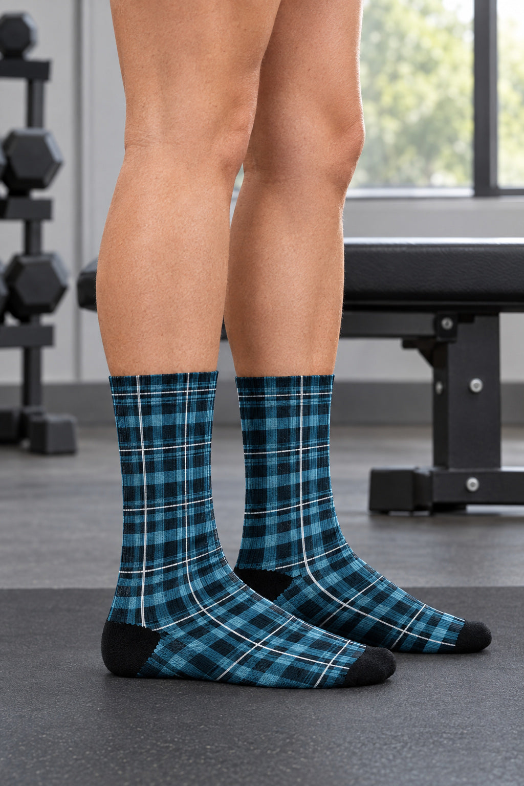 Glacier Plaid Athletic Crew Socks, AI-generated side-profile product mockup on a fictional adult model
