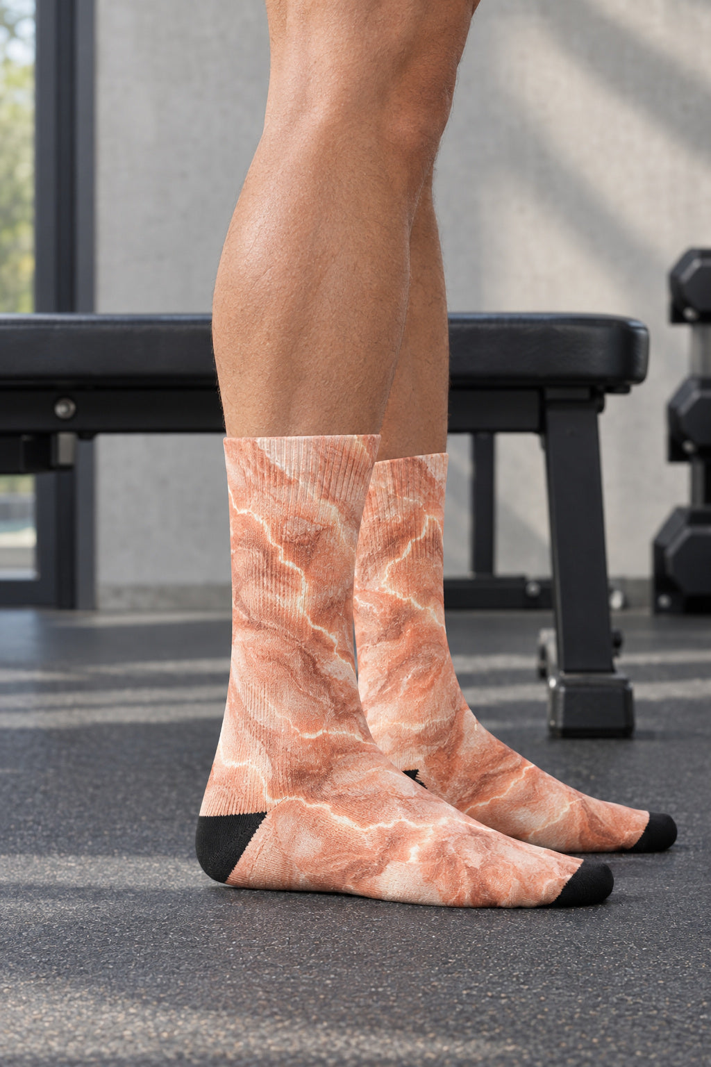Peach Marble Athletic Crew Socks, AI-generated side-profile product mockup on a fictional adult model