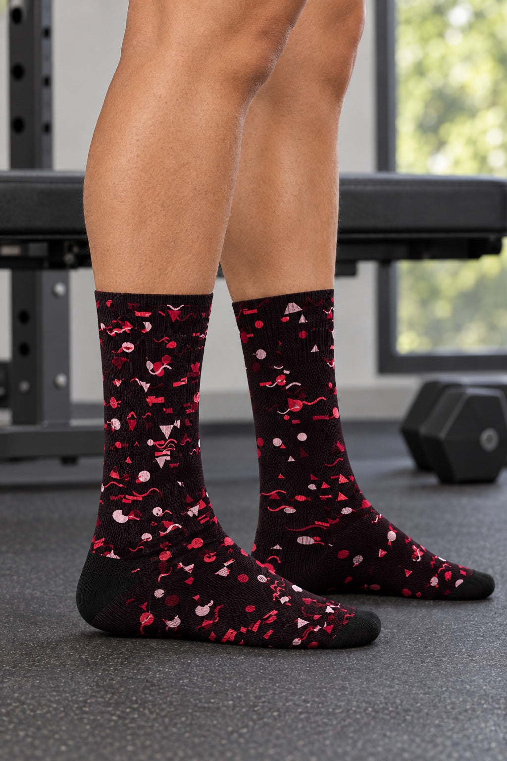 Cherry Confetti Athletic Crew Socks, AI-generated side-profile product mockup on a fictional adult model