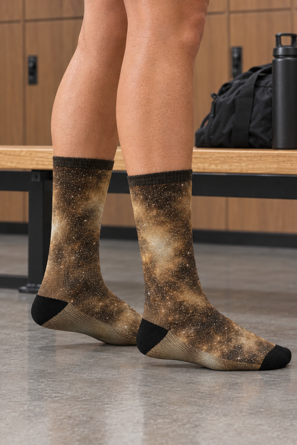 Desert Galaxy Athletic Crew Socks, AI-generated side-profile product mockup on a fictional adult model