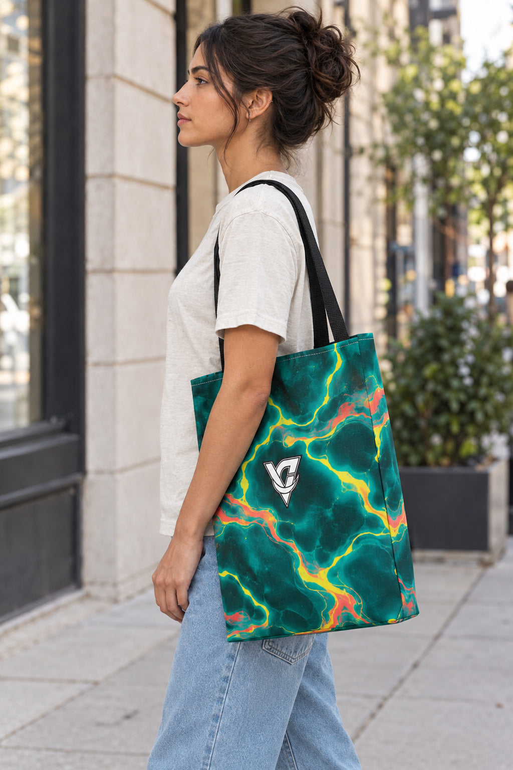 Tropic Marble Tote Bag — All-Over Print Gym & Everyday Tote, AI-generated side-profile product mockup on a fictional adult model