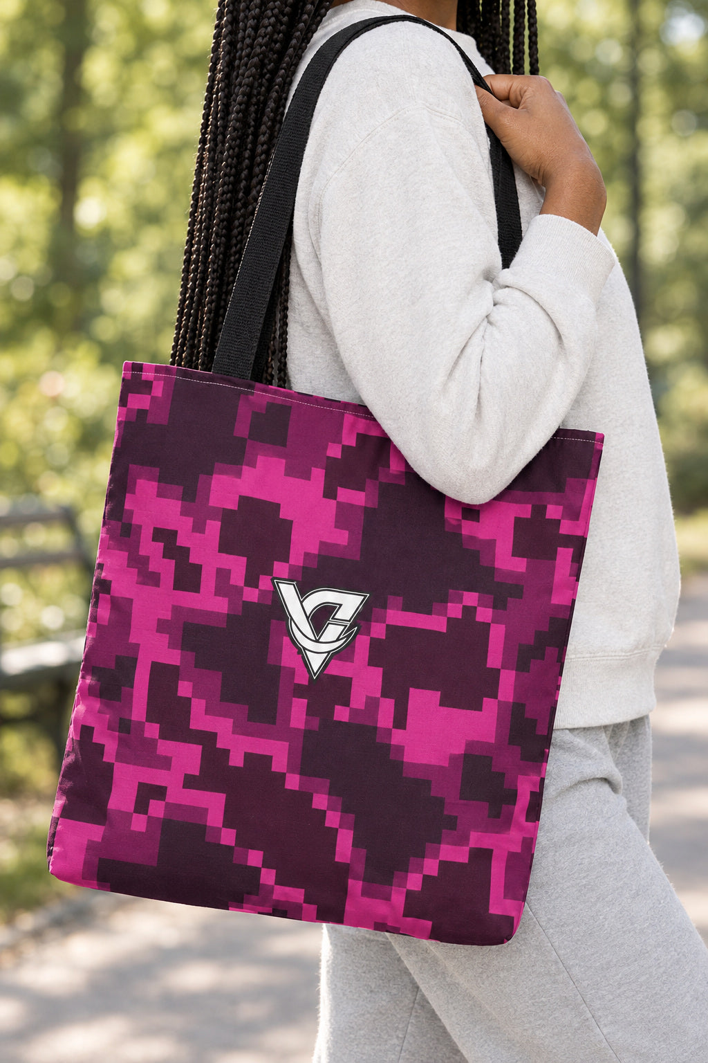 Berry Digital Camo Tote Bag — All-Over Print Gym & Everyday Tote, AI-generated realistic detail mockup on a fictional adult model