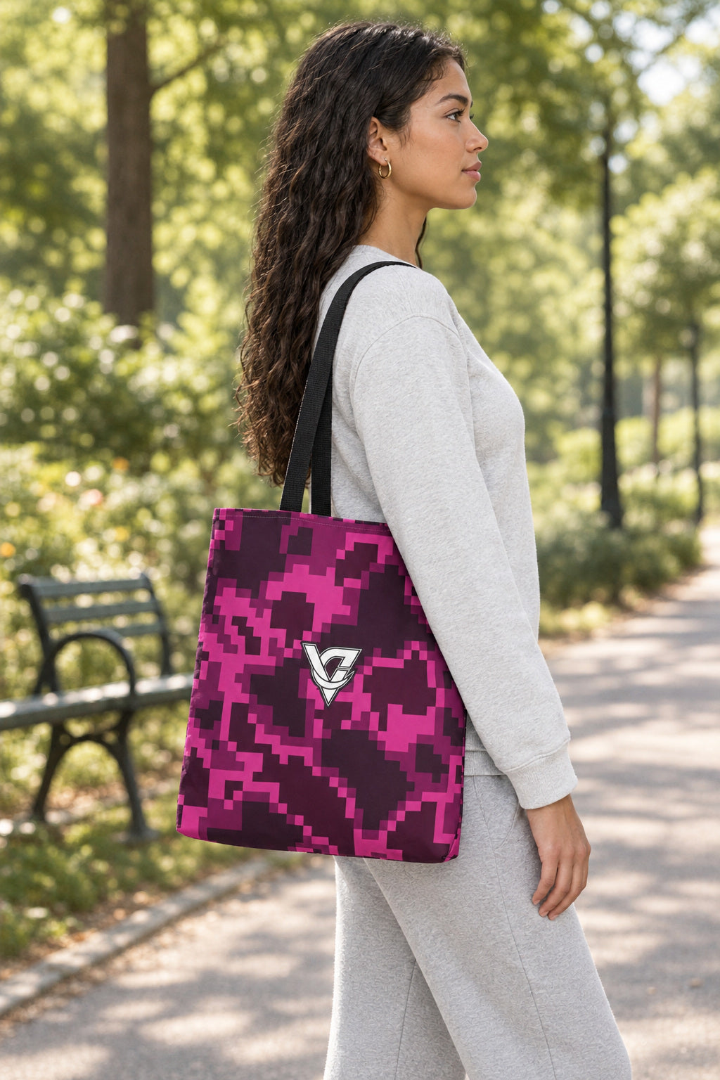 Berry Digital Camo Tote Bag — All-Over Print Gym & Everyday Tote, AI-generated side-profile product mockup on a fictional adult model