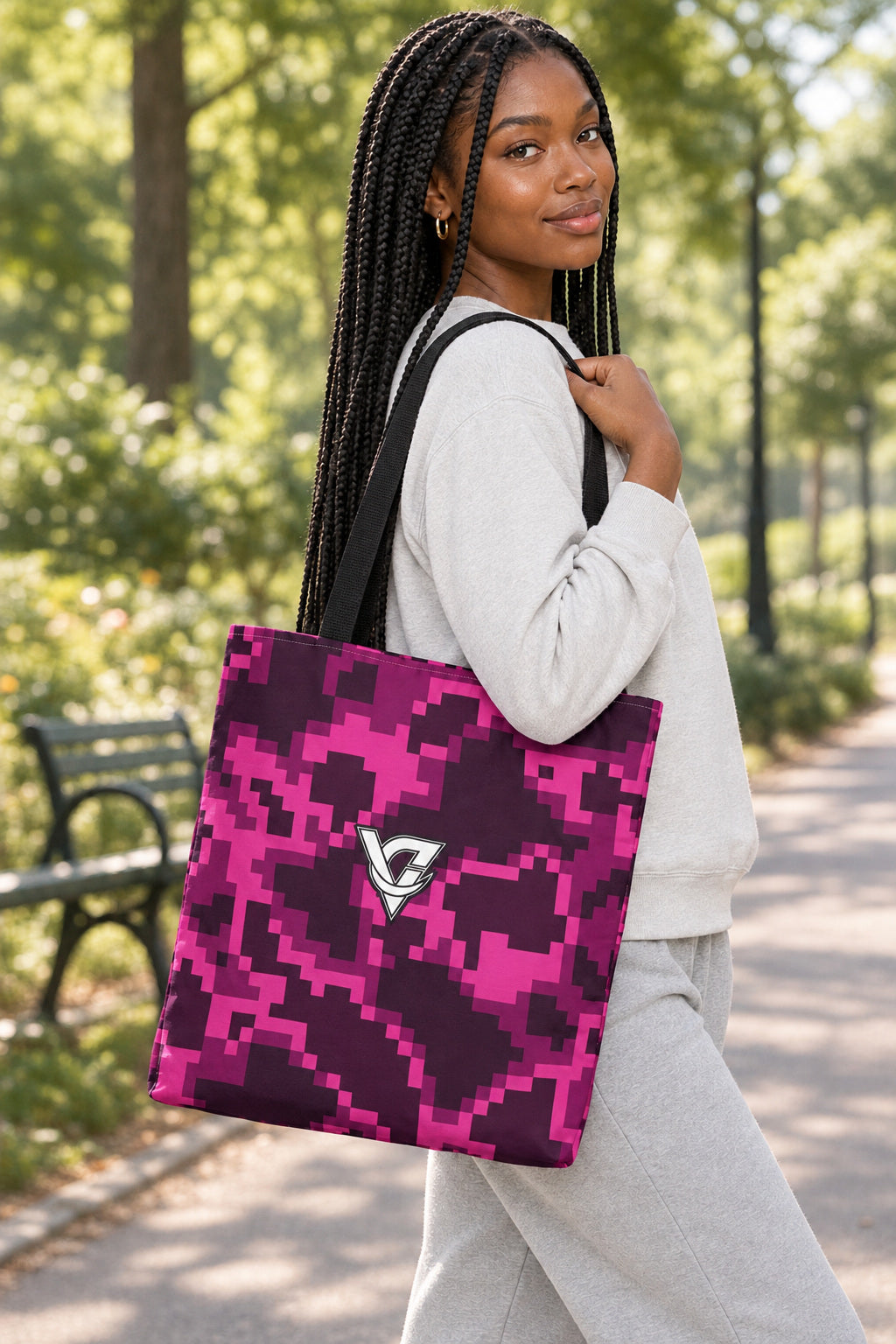 Berry Digital Camo Tote Bag — All-Over Print Gym & Everyday Tote, AI-generated realistic three-quarter mockup on a fictional adult model