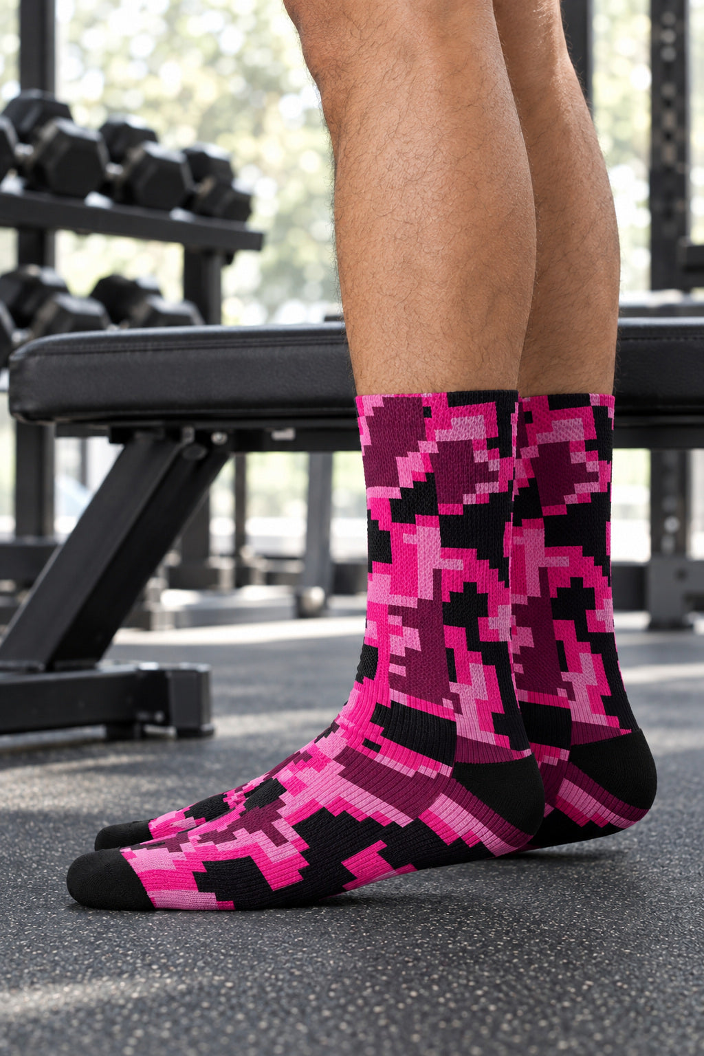 Hot Pink Digital Camo Athletic Crew Socks, AI-generated side-profile product mockup on a fictional adult model