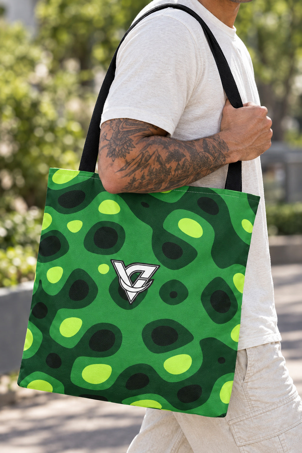Jungle Ripple Tote Bag — All-Over Print Gym & Everyday Tote, AI-generated realistic detail mockup on a fictional adult model
