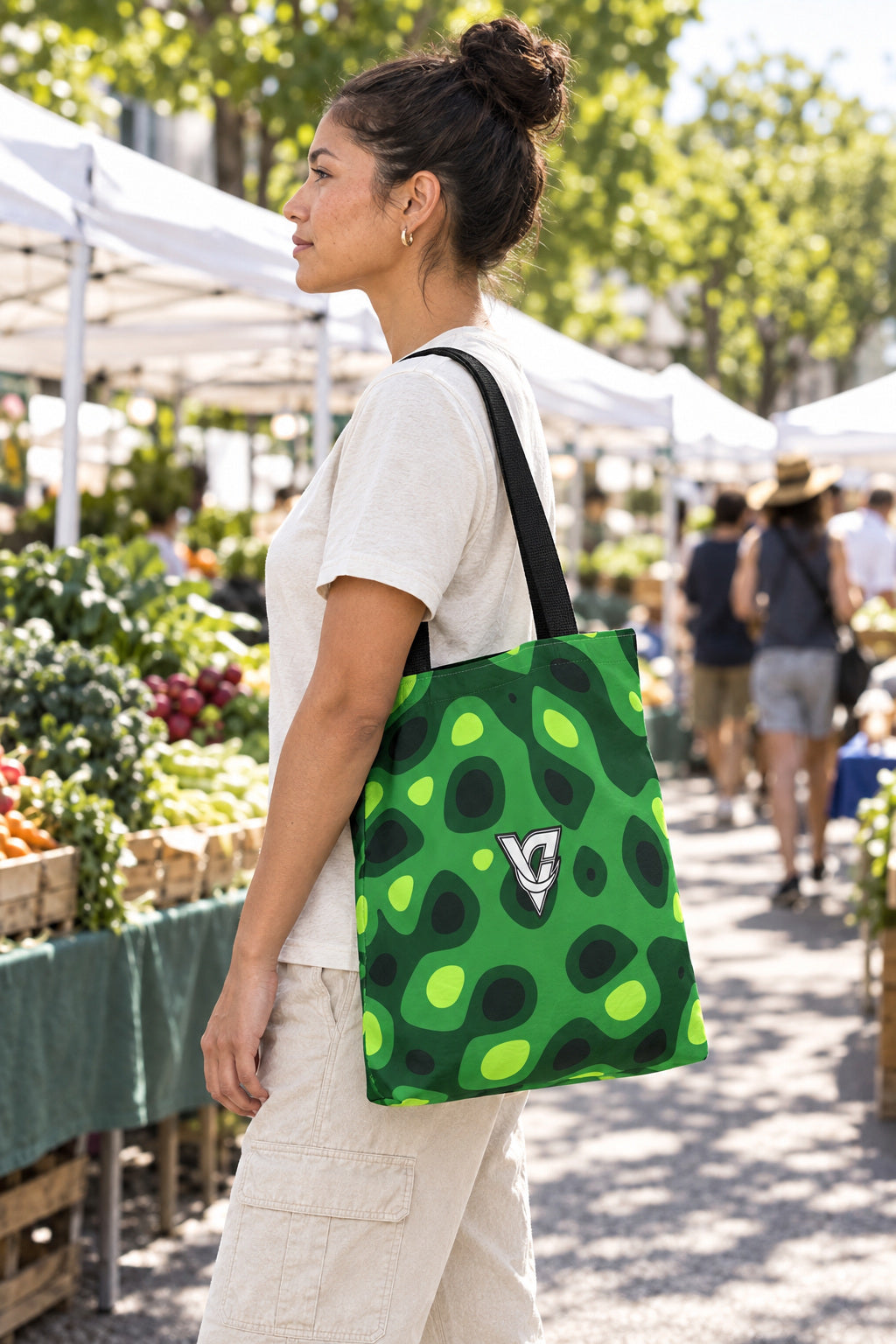 Jungle Ripple Tote Bag — All-Over Print Gym & Everyday Tote, AI-generated side-profile product mockup on a fictional adult model