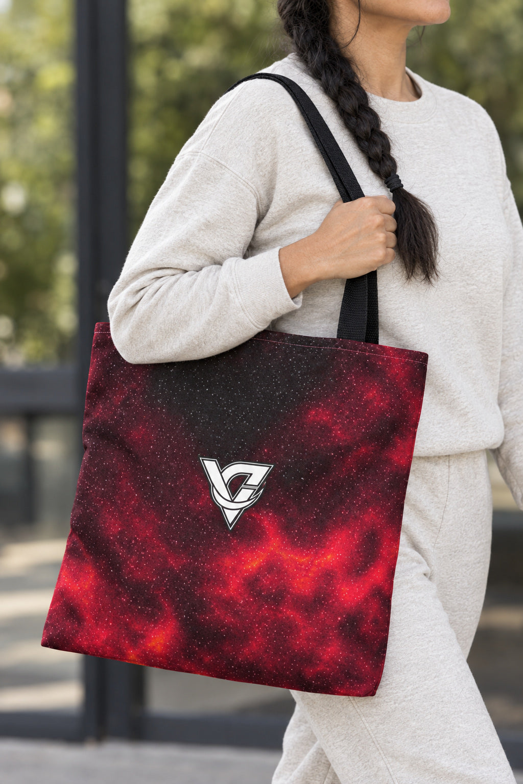 Infrared Galaxy Tote Bag — All-Over Print Gym & Everyday Tote, AI-generated realistic detail mockup on a fictional adult model