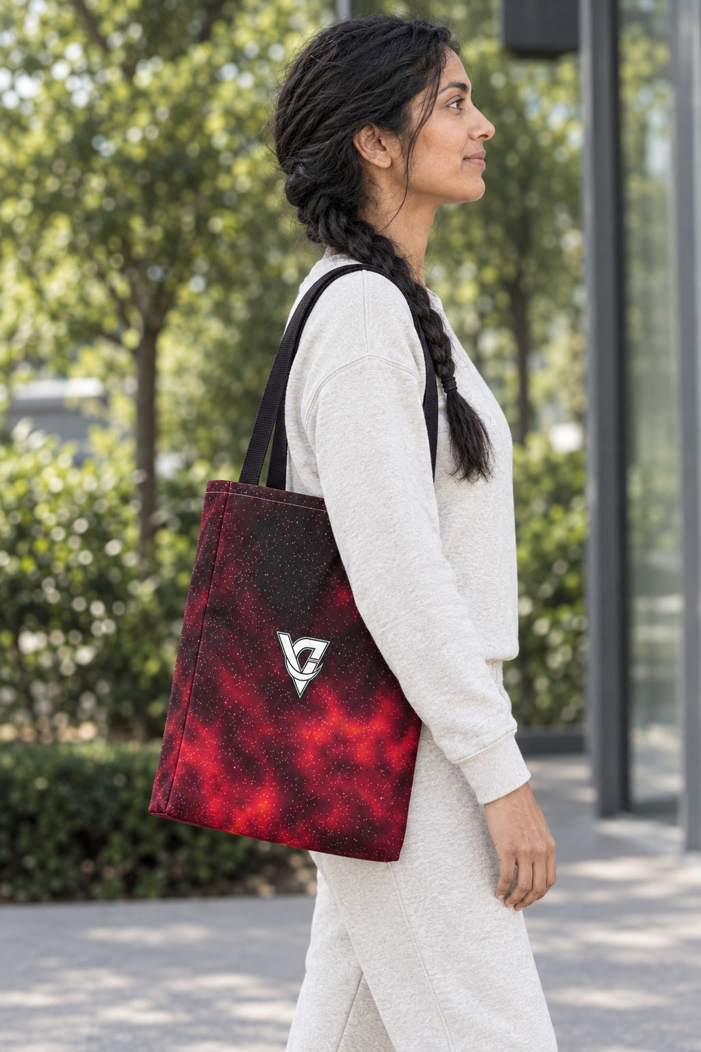 Infrared Galaxy Tote Bag — All-Over Print Gym & Everyday Tote, AI-generated side-profile product mockup on a fictional adult model