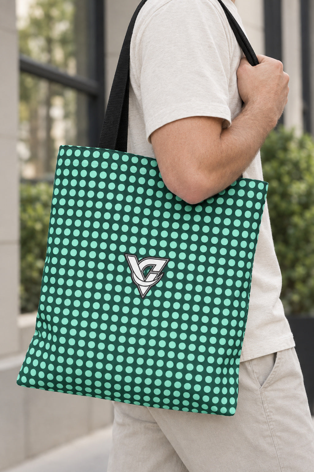 Mint Halftone Tote Bag — All-Over Print Gym & Everyday Tote, AI-generated realistic detail mockup on a fictional adult model