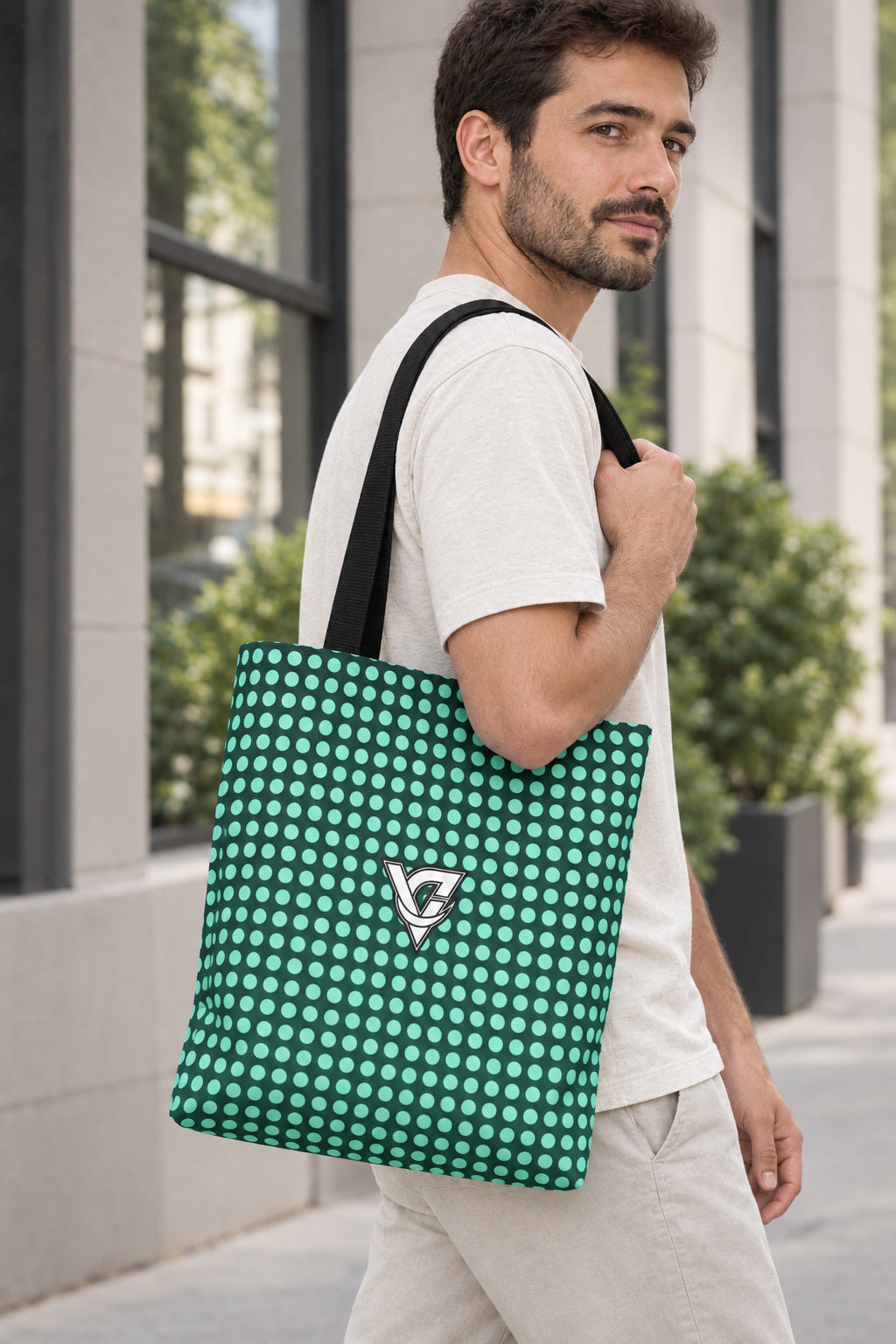 Mint Halftone Tote Bag — All-Over Print Gym & Everyday Tote, AI-generated realistic three-quarter mockup on a fictional adult model