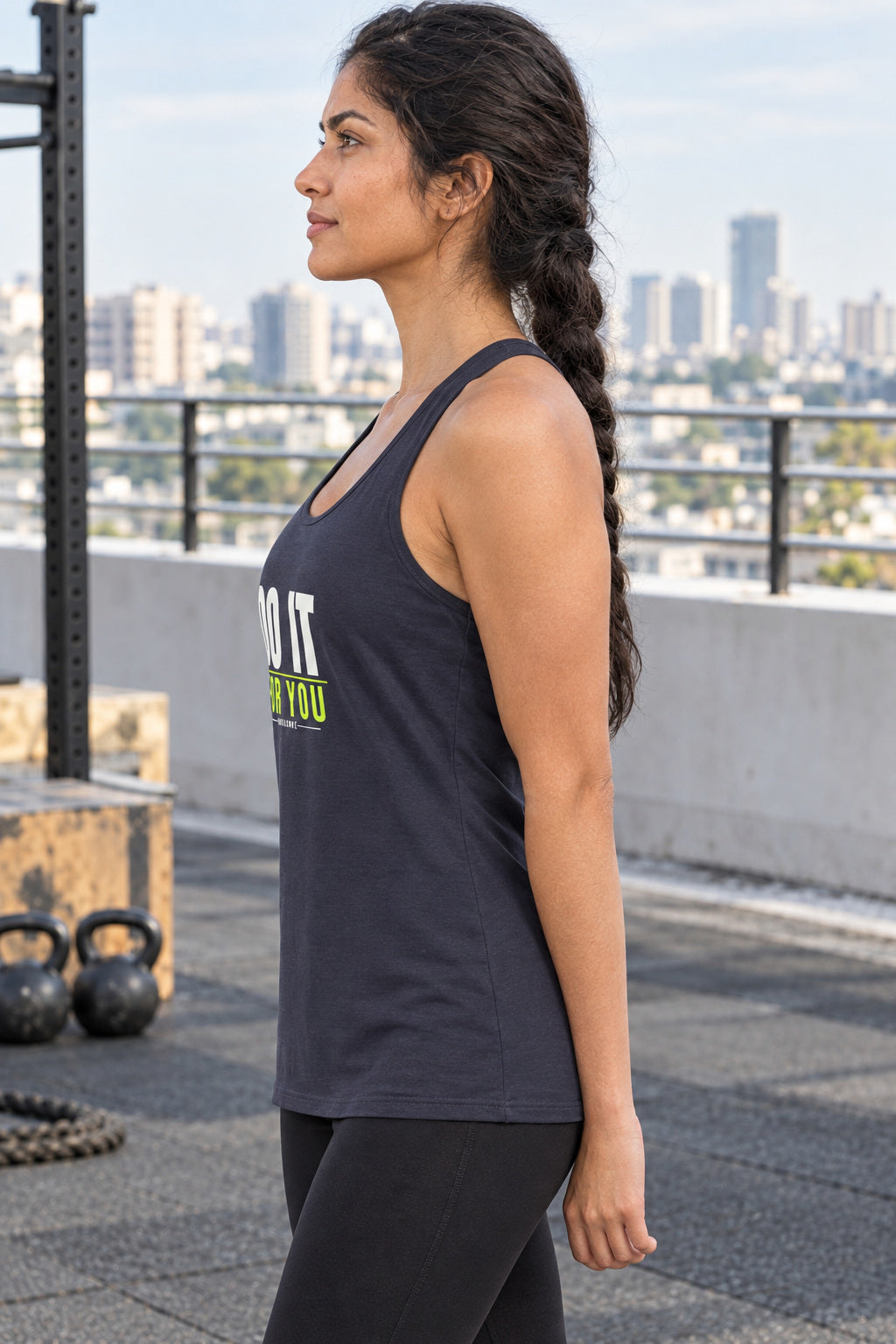 Do It For You | Women's Performance Racerback Tank, AI-generated side-profile product mockup on a fictional adult model