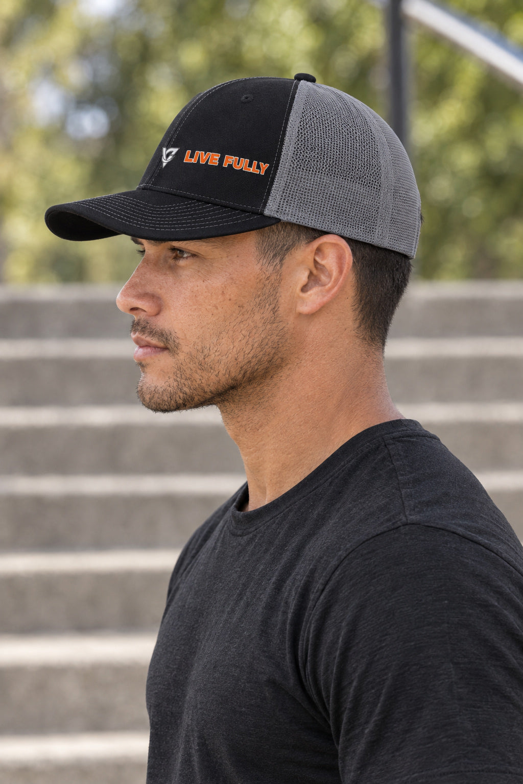Live Fully Trucker Cap — Vantacore Snapback Hat, AI-generated side-profile product mockup on a fictional adult model