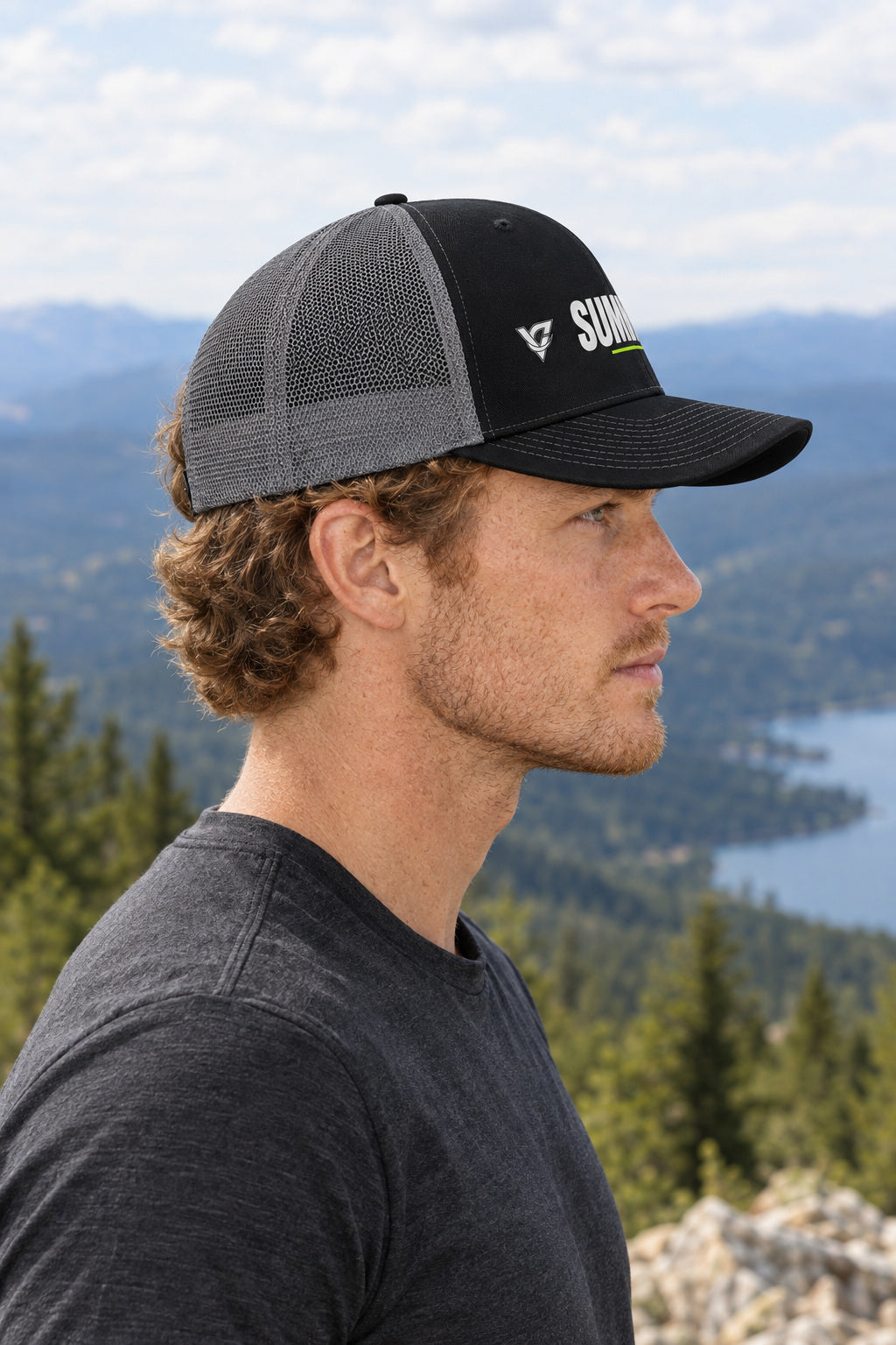 Summit Trucker Cap — Vantacore Snapback Hat, AI-generated side-profile product mockup on a fictional adult model