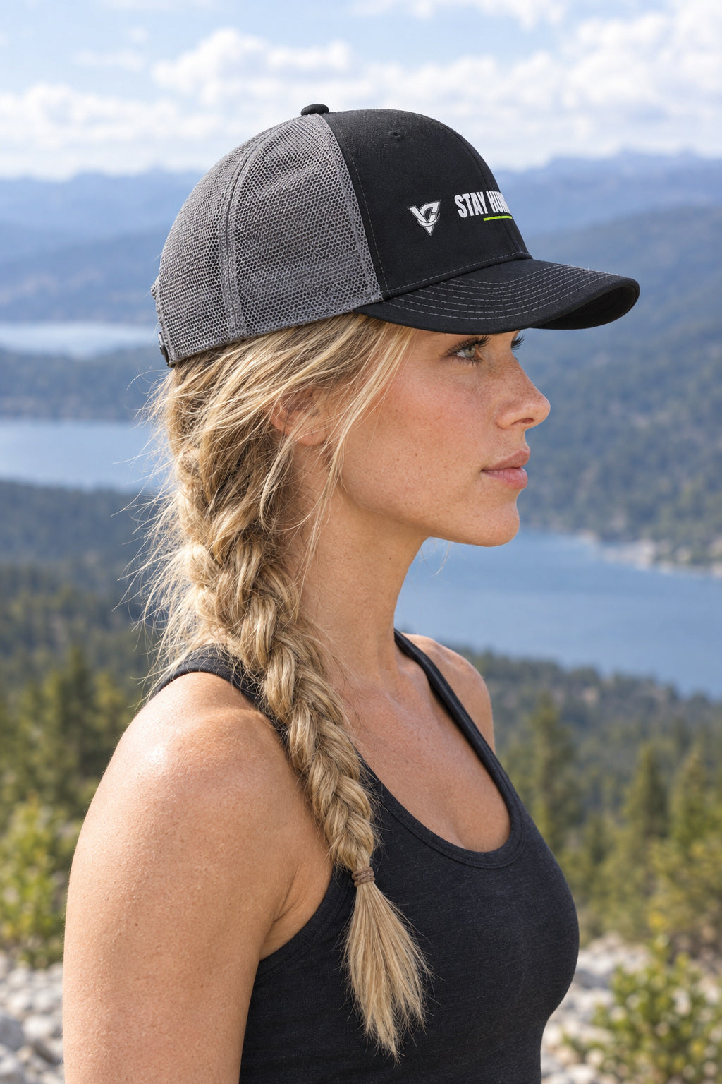 Stay Hungry Trucker Cap — Vantacore Snapback Hat, AI-generated side-profile product mockup on a fictional adult model