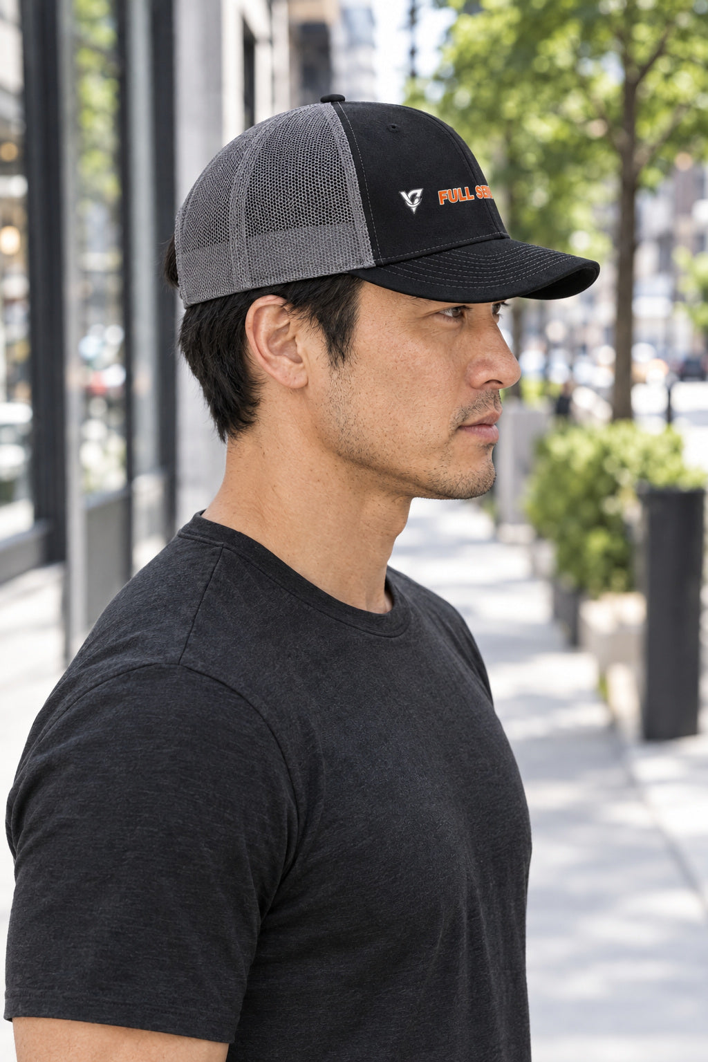 Full Send Trucker Cap — Vantacore Snapback Hat, AI-generated side-profile product mockup on a fictional adult model