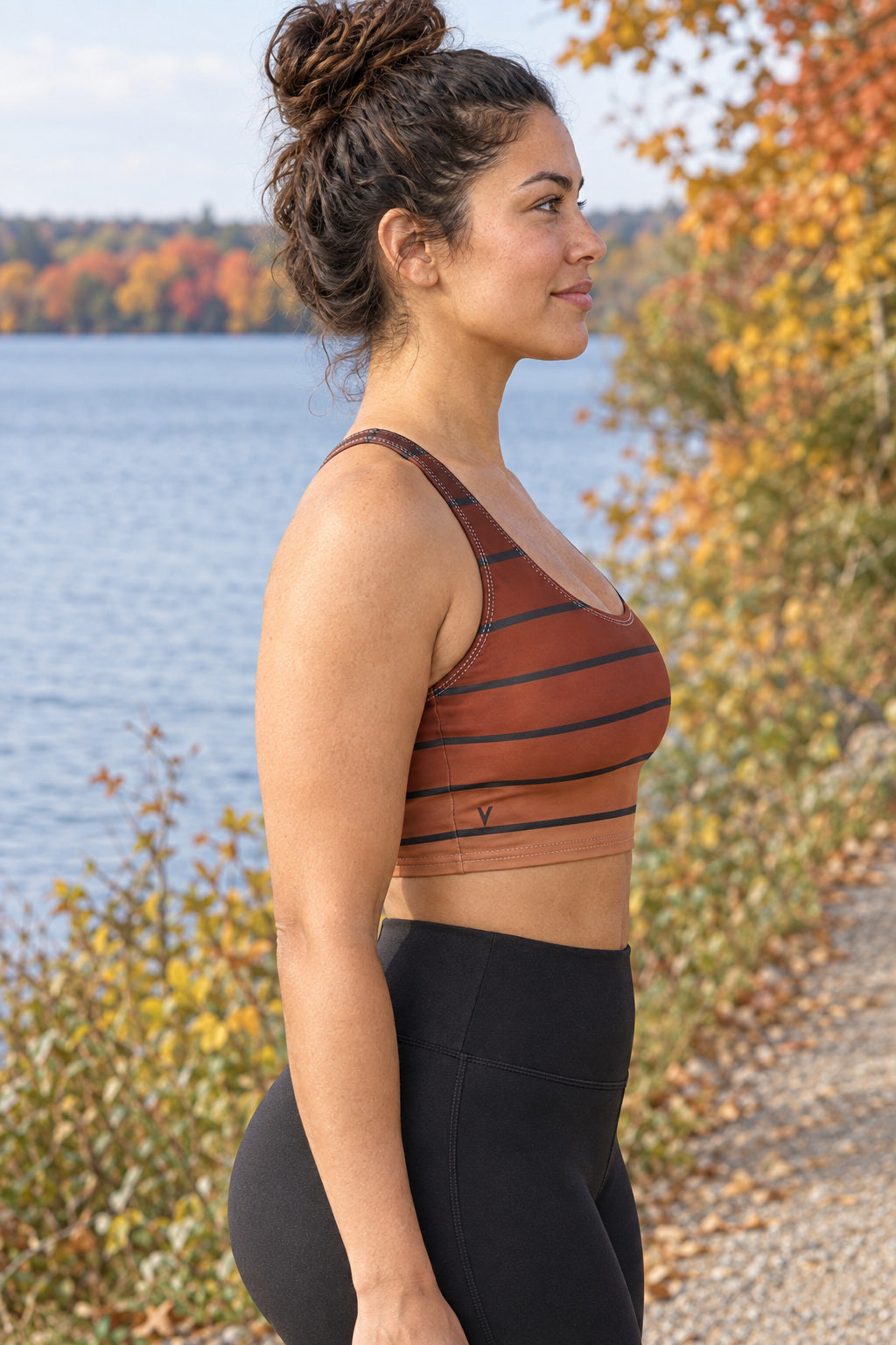 Auburn Horizon Sports Bra, AI-generated side-profile product mockup on a fictional adult model