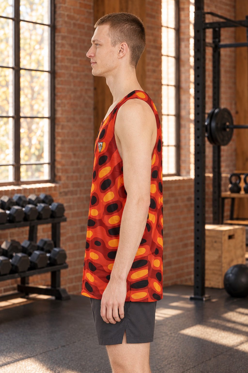 Maple Ripple Men's Athletic Tank, AI-generated side-profile product mockup on a fictional adult model