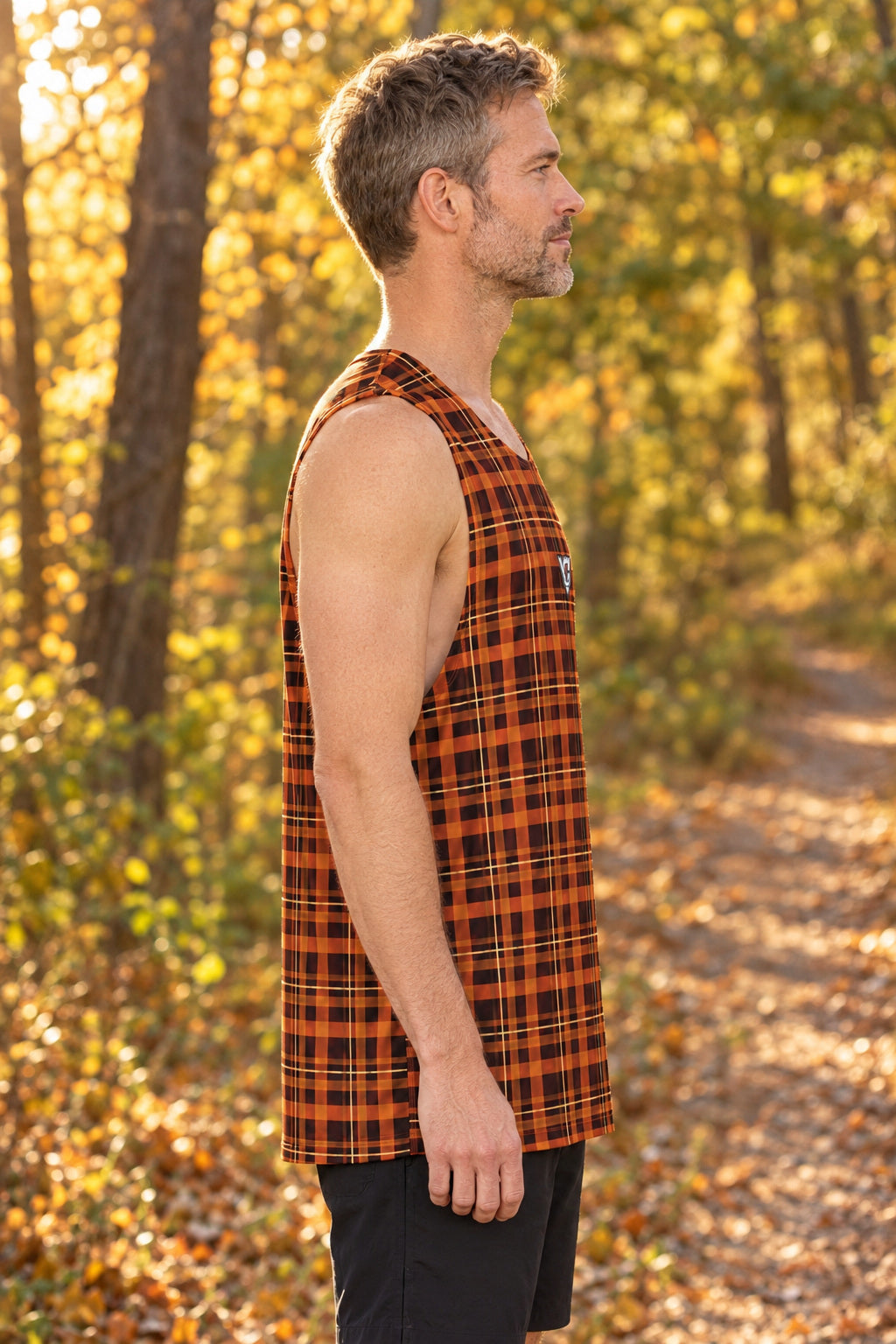 Pumpkin Flannel Men's Athletic Tank, AI-generated side-profile product mockup on a fictional adult model