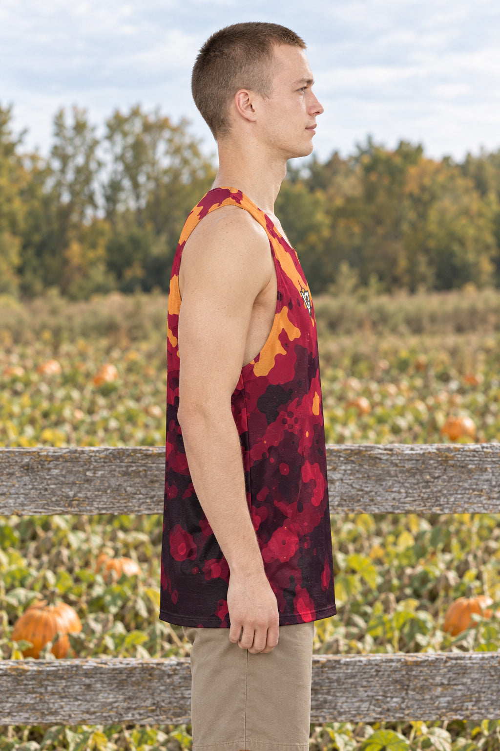 Spiced Wine Magma Men's Athletic Tank, AI-generated side-profile product mockup on a fictional adult model