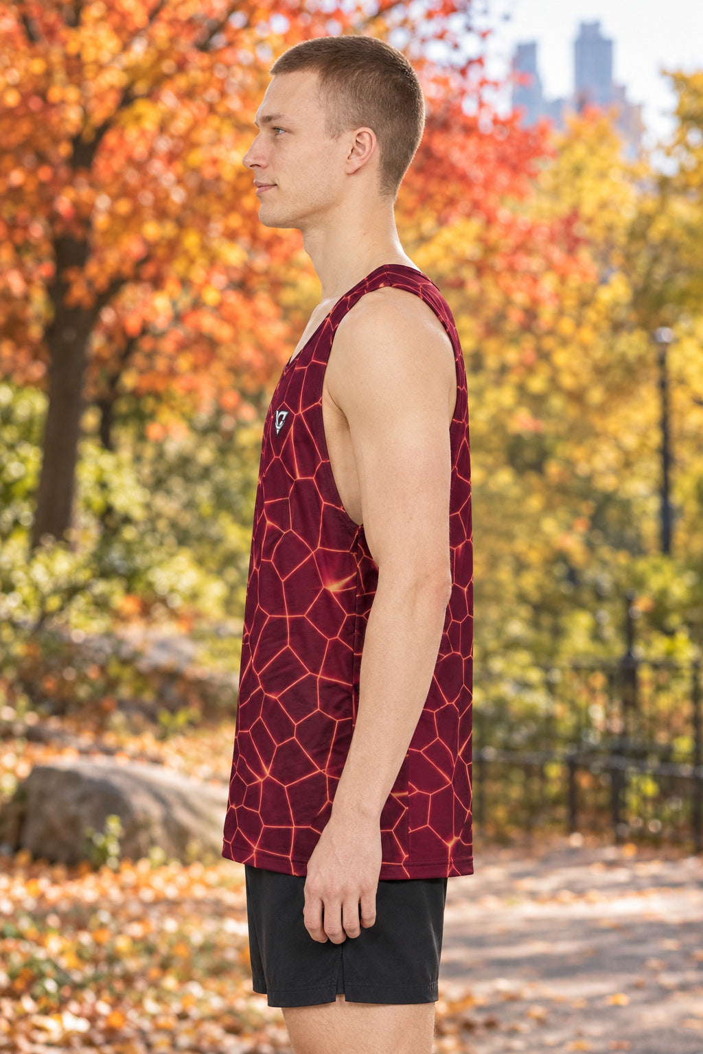 Cranberry Rift Men's Athletic Tank, AI-generated side-profile product mockup on a fictional adult model