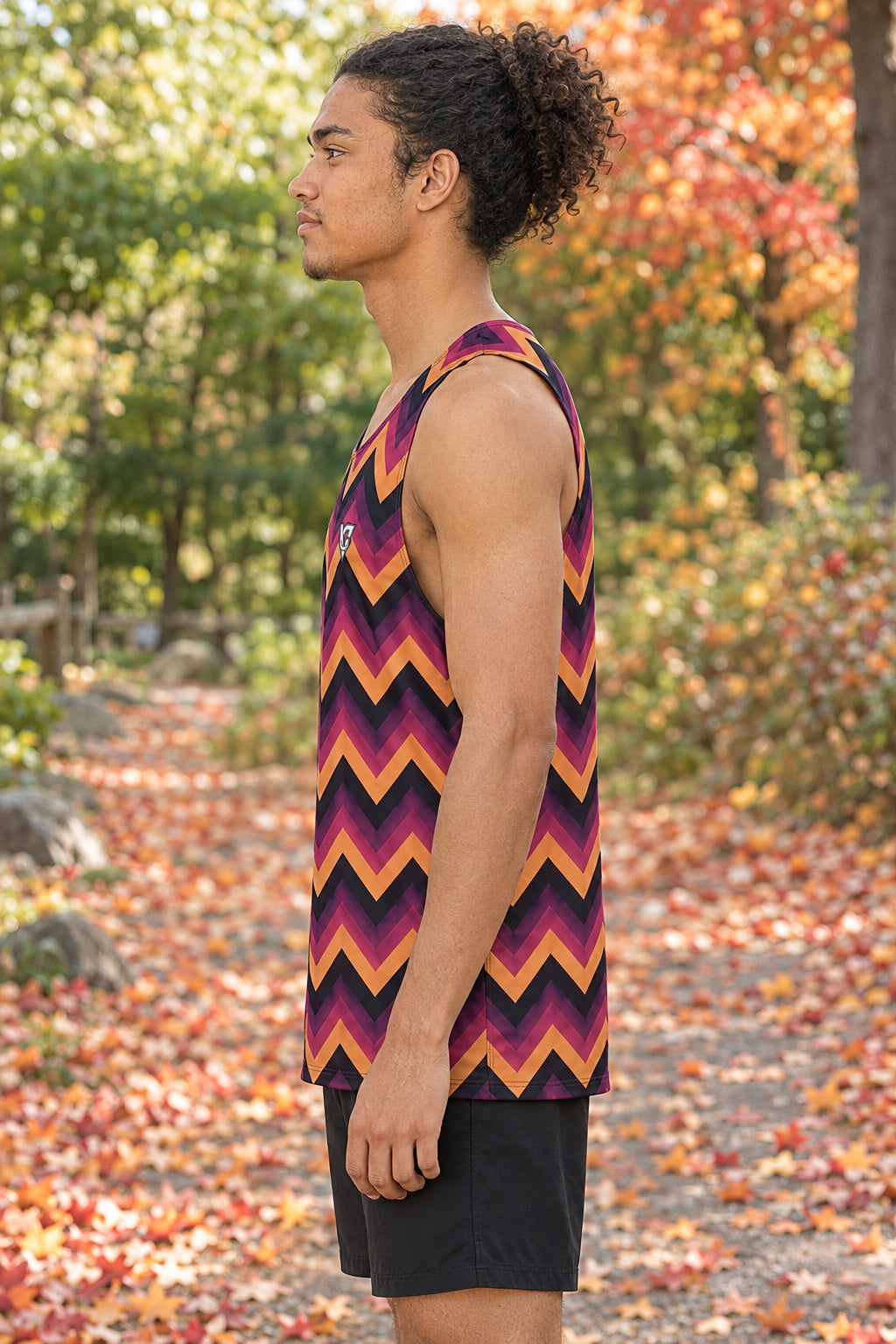 Plum Spice Chevron Men's Athletic Tank, AI-generated side-profile product mockup on a fictional adult model